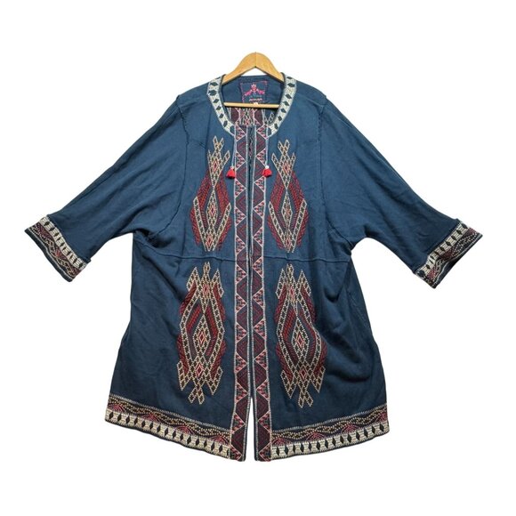 Johnny Was Sophie Embroidered Coat Navy Blue Open Cardigan Duster Boho Womens 3X - Picture 1 of 10